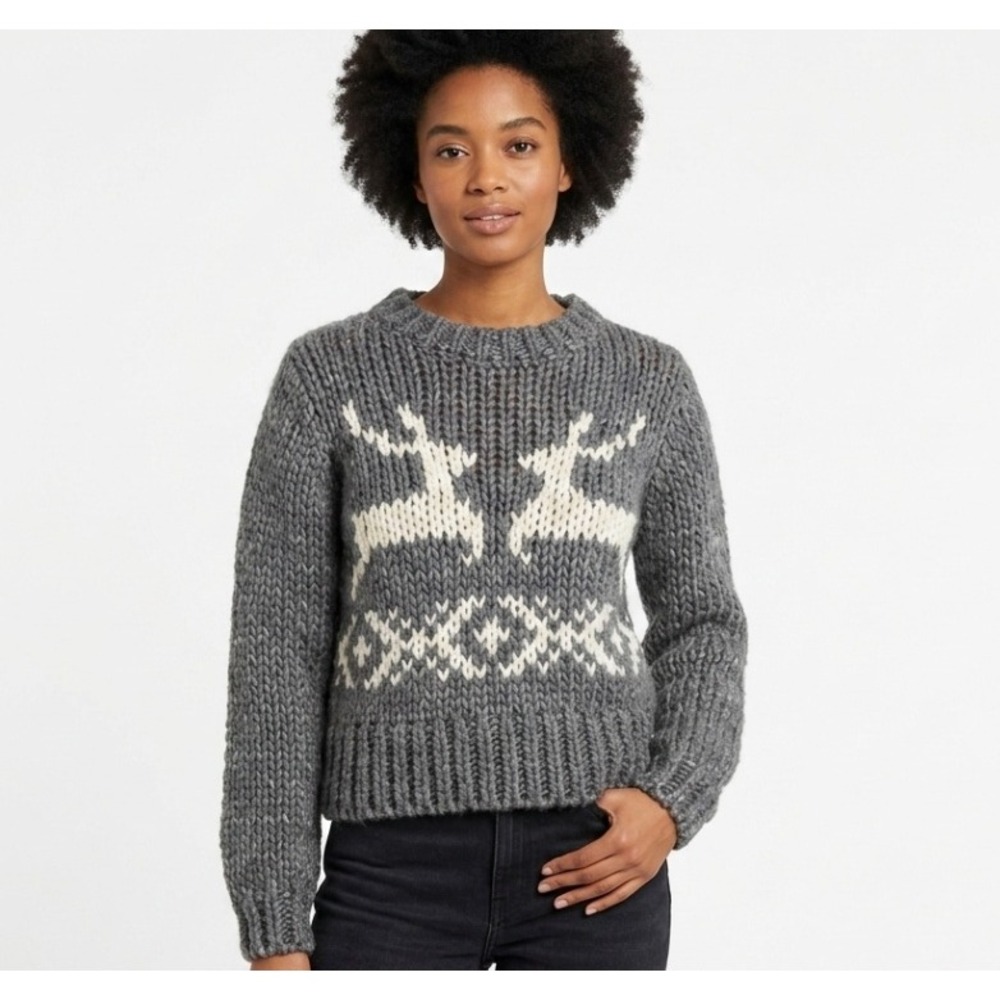 Free People Reindeer Sweater Women XS Grey Wool Blend Chunky Knit Wear Fair Isle
